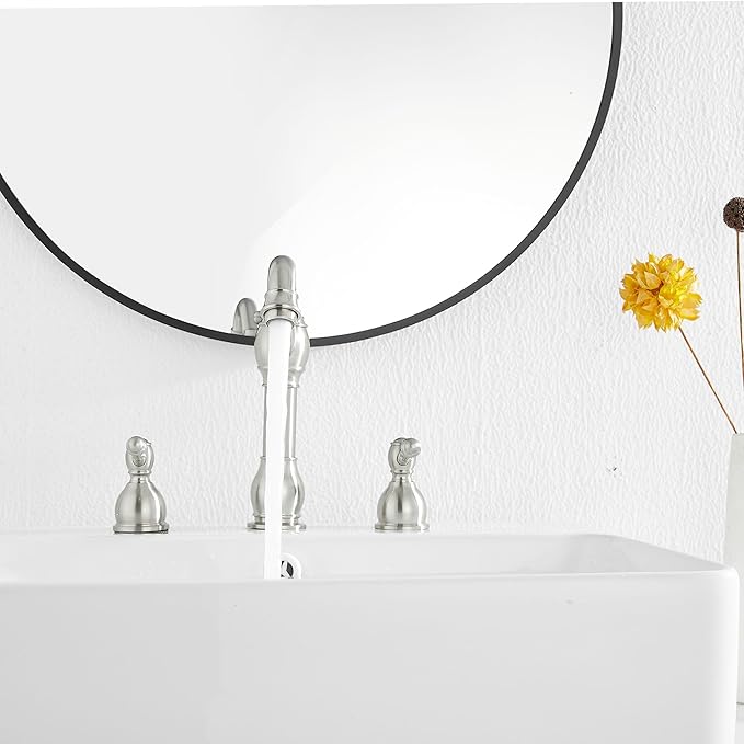 GGStudy 2 Handles 3 Holes Faucet Widespread Bathroom Sink Faucet Basin Tap Mixer Supply Hose Included Matching Pop Up Drain Brushed Nickel
