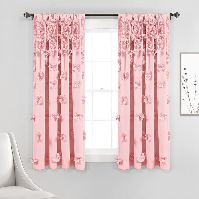 Lush Decor Riley Light Filtering Window Curtain Panel, Single 54" W x 63" L, Pink - Cute Pink Curtains for Bedroom - Bow Decor - Coquette Curtains for Windows
