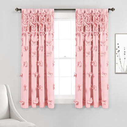 Lush Decor Riley Light Filtering Window Curtain Panel, Single 54" W x 63" L, Pink - Cute Pink Curtains for Bedroom - Bow Decor - Coquette Curtains for Windows