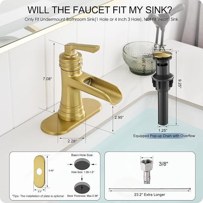 Brushed Gold Bathroom Faucets One Hole, Brass Waterfall Bathroom Sink Faucet 3 Hole 4 Inch With Pop-up Drain, Deck Plate, Pre-Installed cUPC Hose for Farmhouse, Lavatory, 5 Mins Quick Install
