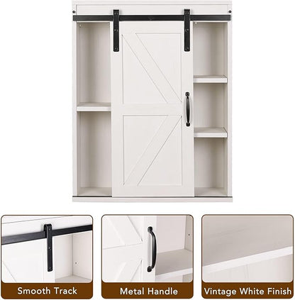 RUSTOWN Farmhouse Wood Wall Storage Bathroom Cabinet with Sliding Barn Door, Rustic Medicine Cabinet with Adjustable Shelf, 3-Tier Vintage Cabinet for Kitchen, Bathroom, Living Room (Vintage White)