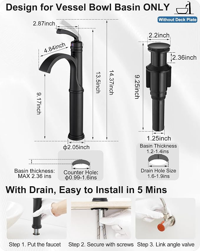 Waterfall Vessel Faucet, Tall Bathroom Faucet Black, Brass Vessel Sink Faucets Bathroom Sink Faucet One Hole Single Handle with Supply Hoses Pop-up Drain