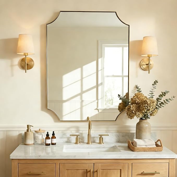 30x36 Inch Gold Vanity Mirror, Brushed Brass Mirrors for Bathroom Sink, Scalloped Rectangle Mirror with Anti-Rust Stainless Steel Thin Frame, Wall Mount Vertical or Horizontal
