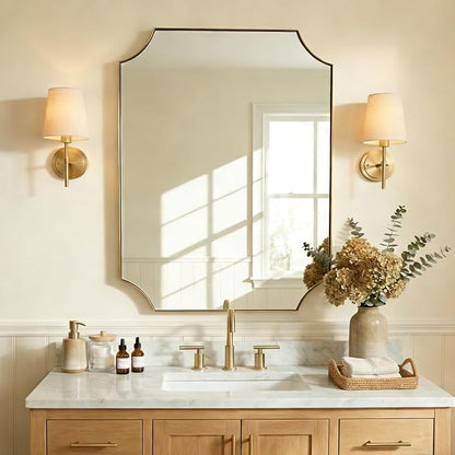 30x36 Inch Gold Vanity Mirror, Brushed Brass Mirrors for Bathroom Sink, Scalloped Rectangle Mirror with Anti-Rust Stainless Steel Thin Frame, Wall Mount Vertical or Horizontal