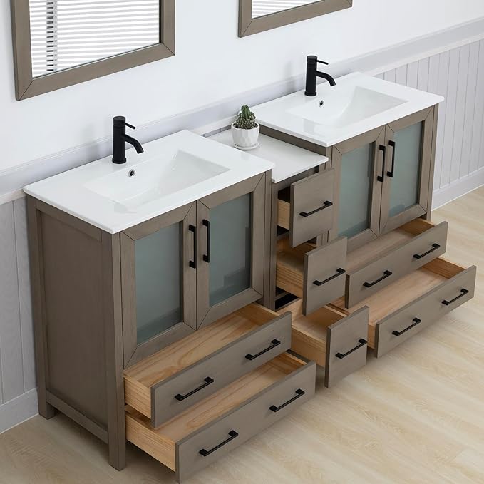 Vanity Art 72 Inch Under Mount Double Sink Bathroom Vanity Cabinet with 2 Mirrors, Ceramic Top Bathroom Cabinet Compact Set with 7 Dovetail Storage Drawers and Matte Black Handles, VA3030-72-DG