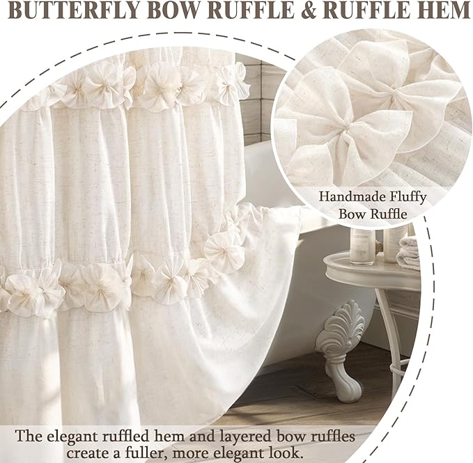 Ruffle Farmhouse Linen Shower Curtain with Vintage Bow Cream 72" W x 90" H | Linen Blend Fabric, Ruffle Bow and Ruffled Hem，Linen Texture，Machine Washable，12 Metal Holes and Plastic Hooks