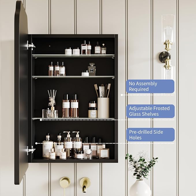 AGDULL Victorian Medicine Cabinet with Arched Mirror, Overall 17.5"W x 29"H | Recessed or Surface Mount, 16.1"W x 24"H Wood Black Cabinet with 17.5"W x 29"H Arched Mirror, Left-Swing Door, Soft-Close