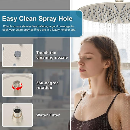 Shower System Shower Faucet Set Rainfall Shower Set with Valve 12+6" Dual Rain Shower Head with Handheld Ceiling Mount Wall Mount Shower Head Shower System, Brushed Nickel