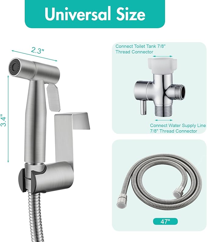 BARROCK Handheld Bidet Sprayer for Toilet, Stainless Steel Metal Made Baby Cloth Diaper Spraying Kit, Bathroom Toilet Bidet Attachment Set for Bathing Pets and Feminine Hygiene, Brushed Nickel