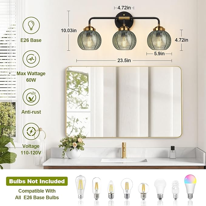 Bathroom Light Fixtures, 3-Light Green Vanity Lights with Unique Leaf Texture Glass Shade, Modern Matte Black and Gold Bathroom Wall Lamp for Mirror Hallway Cabinet Living Room
