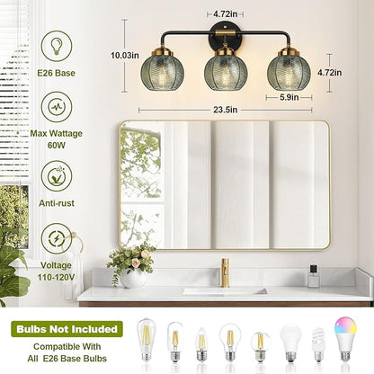 Bathroom Light Fixtures, 3-Light Green Vanity Lights with Unique Leaf Texture Glass Shade, Modern Matte Black and Gold Bathroom Wall Lamp for Mirror Hallway Cabinet Living Room