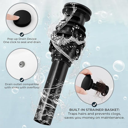 Bathroom Faucets for Sink 3 Hole 8 Inch Widespread 2 Handle Bathroom Faucet with Pop-up Drain and 360° Swivel Spout,Matte Black