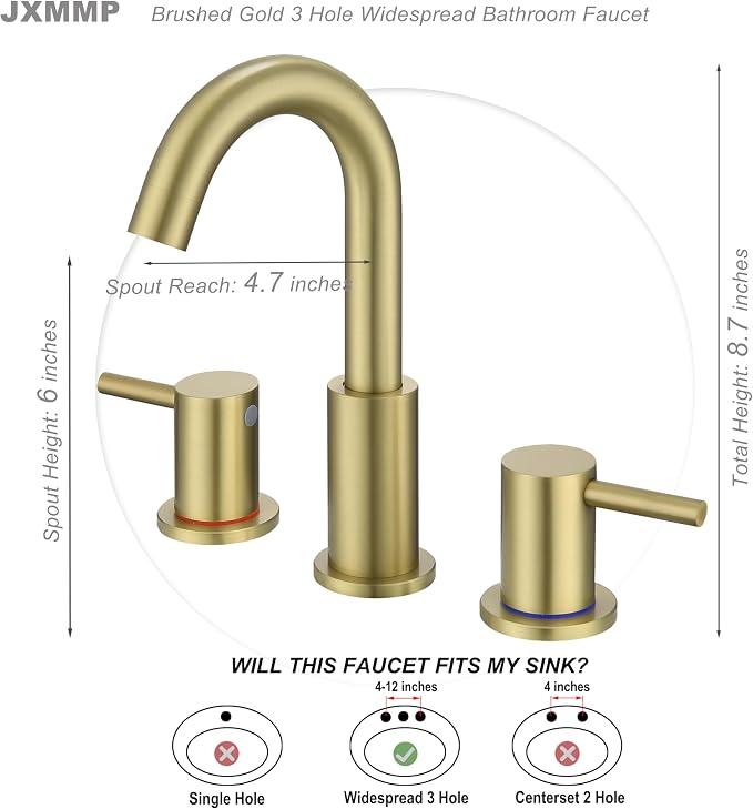 Brushed Gold Bathroom Faucet 3 Hole, 8 in Gold Widespread Bathroom Sink Faucet with Pop Up Drain and Supply Lines, Stainless Steel 2 Handle Gold Sink Faucet for Bathroom Vanity