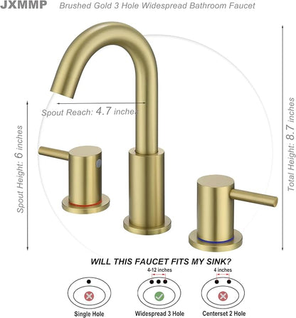 Brushed Gold Bathroom Faucet 3 Hole, 8 in Gold Widespread Bathroom Sink Faucet with Pop Up Drain and Supply Lines, Stainless Steel 2 Handle Gold Sink Faucet for Bathroom Vanity