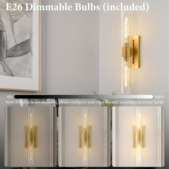 Champagne Brass Bathroom Wall Sconce: Modern Gold Indoor Dimmable Lighting | Clear Glass Tube Light Fixtures, Vertical or Horizontal Mounted Vanity Sconces for Living Room Bedroom Hallway
