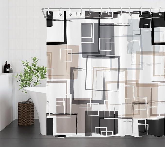 Tan Abstract Geometric Shower Curtain Sets with Rugs, Grey Black and White Geometric Textured Bathroom Curtain 70L X 70W Inches Polyester Fabric Bathroom Decoration Shower Curtain Set