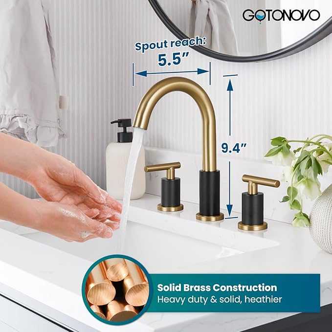 gotonovo 3 Hole 2 Handles Lavatory Basin Bathroom Sink Faucet with Pop Up Drain with Hot and Cold Mixer Valves 8 Inch Widespread Bathroom Faucet Matte Black & Gold