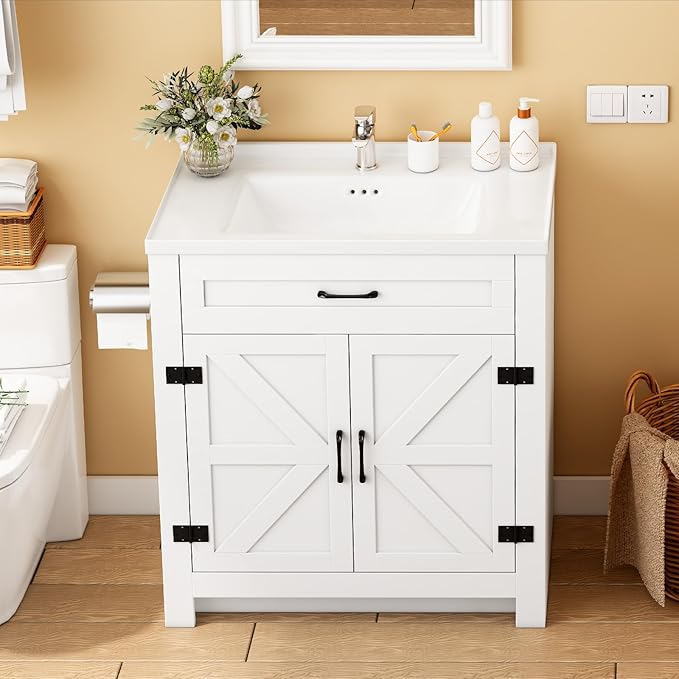 Bathroom Vanity, 24" Bathroom Vanity with Ceramic Sink, Farmhouse Bathroom Vanity Cabinet for Small Space, Freestanding Storage Cabinet with Shelf, 2 Doors, Easy Assembly