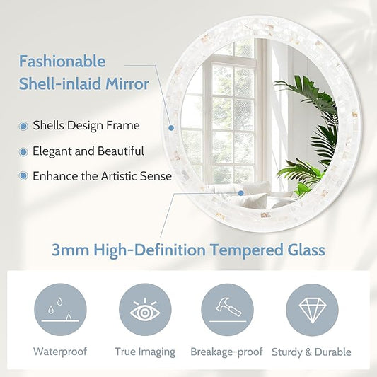 Tanmicoshomy Round Wall Mirror 30 Inch, Natural Shell Framed Circle Mirrors with Tempered Glass for Coastal Bathroom Bedroom Living Room or Entrayway