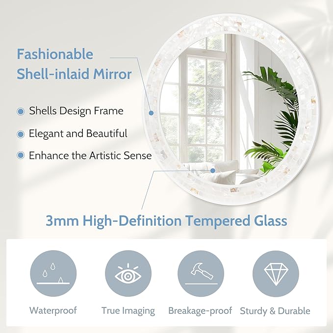 Tanmicoshomy Round Wall Mirror 28 Inch,Circle Mosaic Mirror with Natural Shell and Wood Frame, Decorative Coastal Round Wall Mirror for Bathroom Bedroom Living Room Entrayway