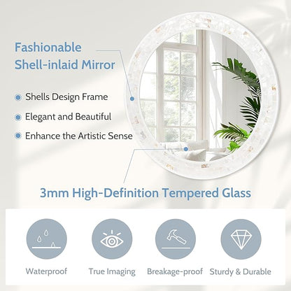 Tanmicoshomy Round Wall Mirror 28 Inch,Circle Mosaic Mirror with Natural Shell and Wood Frame, Decorative Coastal Round Wall Mirror for Bathroom Bedroom Living Room Entrayway