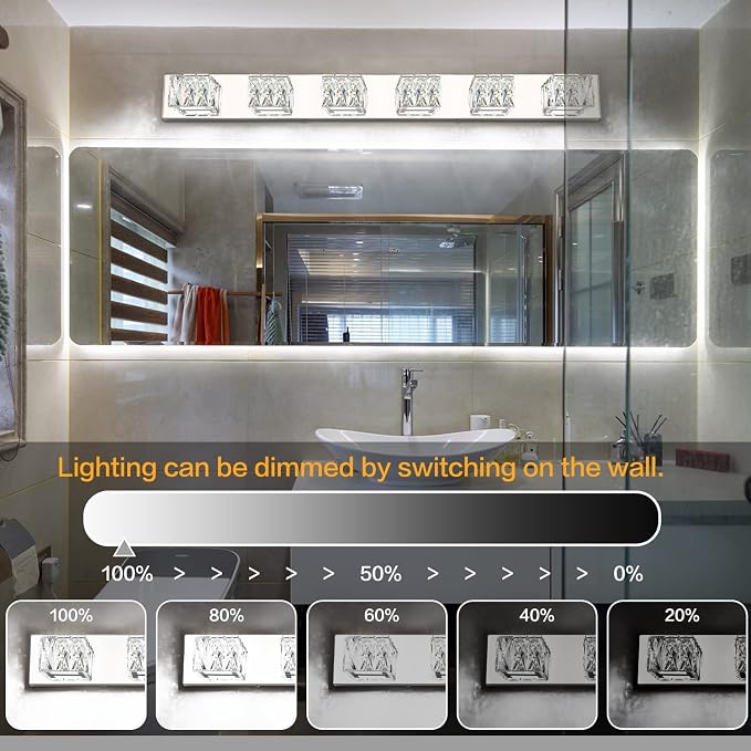 6-Light Bathroom Vanity Lights - LED Chrome Bathroom Lighting Fixtures Over Mirror - 36W Modern Vanity Lights for Bath Wall - Crystal Vanity Light Bar Cool White Light