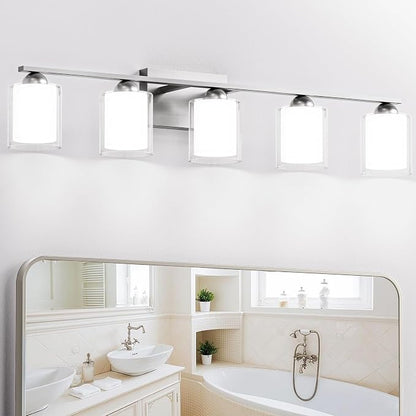Quntis 5 Light Brushed Nickel Bathroom Light Fixtures, Modern Vanity Lights Over Mirror with 5 Colors & Stepless Dimmable, 33 Inch LED Bathroom Lighting with Milk White Frosted Glass (Bulbs Included)