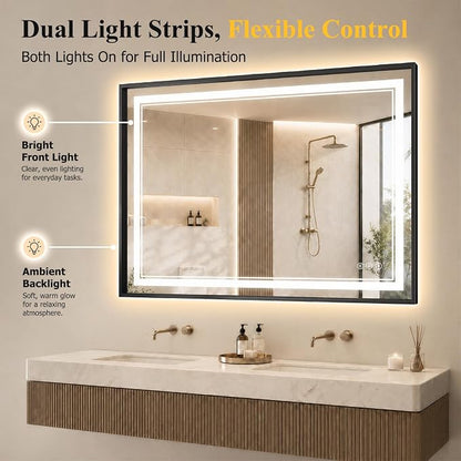 36"x48" LED Bathroom Mirror with Lights, Backlit + Front Lit, Anti-Fog | Lighted Bathroom Mirror with One-Piece Aluminum Alloy Frame, HD Shatterproof Tempered Glass, Dimmable, Memory Function