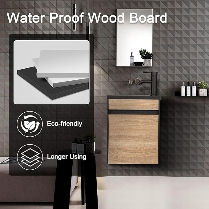 UEV 16" Small Bathroom Vanity, Black & Natural Mixed with Ceramic Sink, Frosted Black Faucet P-Trap (Wall Mounted)
