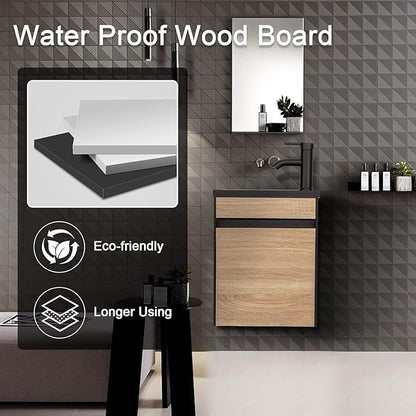 UEV 16" Small Bathroom Vanity, Black & Natural Mixed with Ceramic Sink, Frosted Black Faucet P-Trap (Wall Mounted)