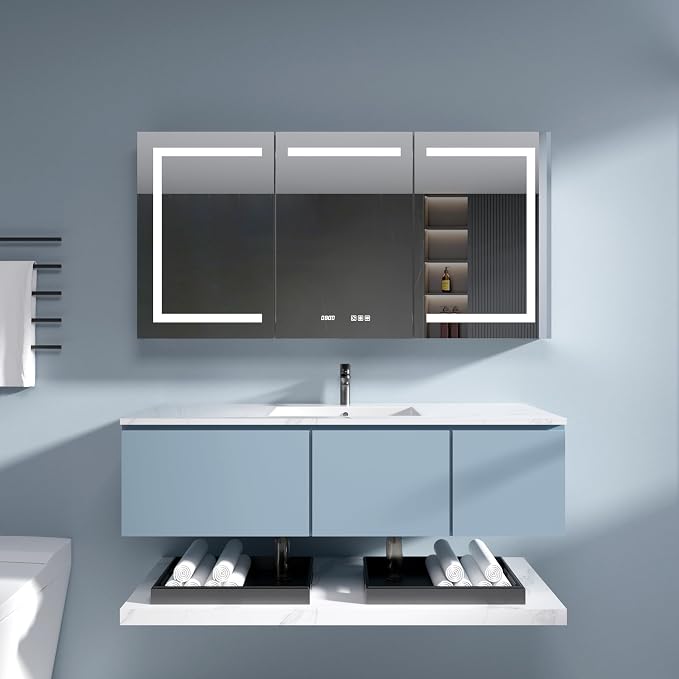 Medicine Cabinet with Lights 60x30 Anti-Fog Mirror Dimmable | 3 Color Dimmable LED. Time/Temp Display. Anti-Fog IP44. 2 Outlets+2 USB. Plug-in/Hardwired. Recessed/Wall Mount.