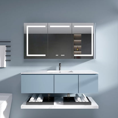 Medicine Cabinet with Lights 60x30 Anti-Fog Mirror Dimmable | 3 Color Dimmable LED. Time/Temp Display. Anti-Fog IP44. 2 Outlets+2 USB. Plug-in/Hardwired. Recessed/Wall Mount.