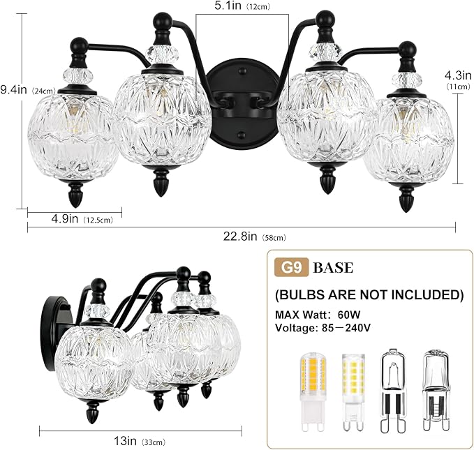 4-Light Matte Black Bathroom Vanity Light, Farmhouse Wall Sconce with Globe Glass Shades, Mid Century Retro Mirror Light for Bathroom, Powder Room