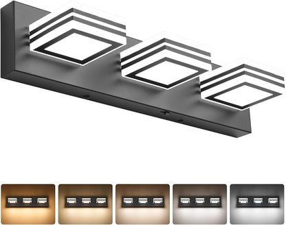 SOLFART LED Bathroom Vanity Light Fixtures： 3 Light Matte Black Modern Acrylic Bathroom Wall Lighting Fixtures Over Mirror 5CCT