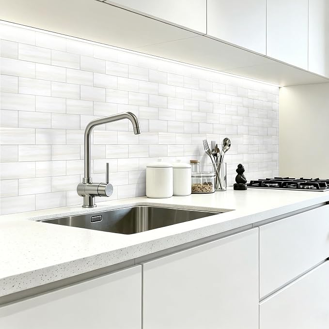 Art3d 102-Piece Peel and Stick Wall Tile for Kitchen Backsplash, Bathroom, Fireplace, 3in. × 6in. Stick on Subway Tile, Cream-White
