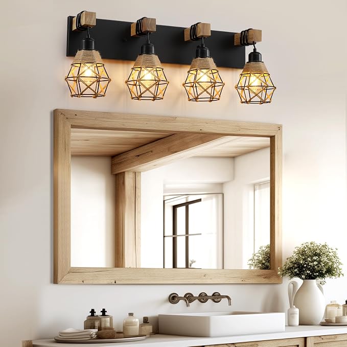 LmnLvn 4-Light Bathroom Vanity Light, Boho Farmhouse Hemp Rope Cage Shade | Wood & Black Metal Frame, Rustic Vanity Lighting, Mounted Over Mirror, Easy To Install for Restroom, Bedroom & Hallway