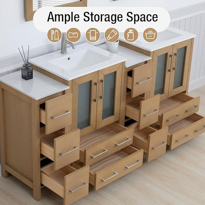 HOMEBEYOND 72 Inch Modern Bathroom Vanity with Sink & Mirror, Double Sink Vanity Cabinet with Basin and Mirror, Dove-Tailed Drawers, Soft-Closing Doors, Wood, Natural Oak