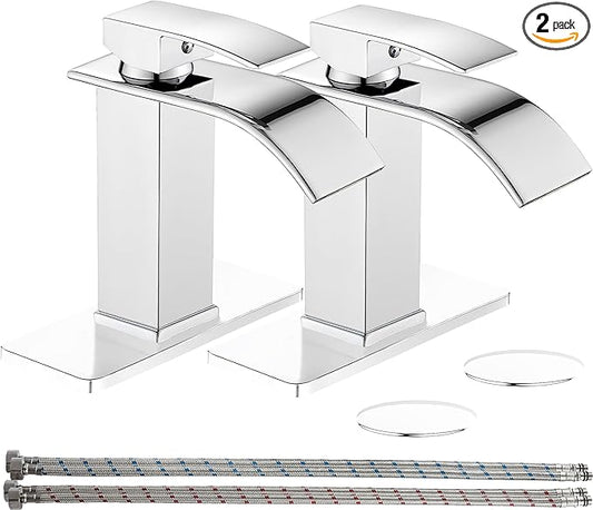 sagetta Waterfall Bathroom Sink Faucet Single Hole Chrome with Three Hole Cover Deck Plate, Pop up Drain and Water Hoses Stainless Steel Vanity Two Pack