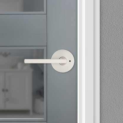 Kwikset Halifax Interior Privacy Door Handle with Lock, Round Lever for Bathroom and Bedroom, Satin Nickel Reversible Keyless Push Button Lock Door Lever, with Microban Protection