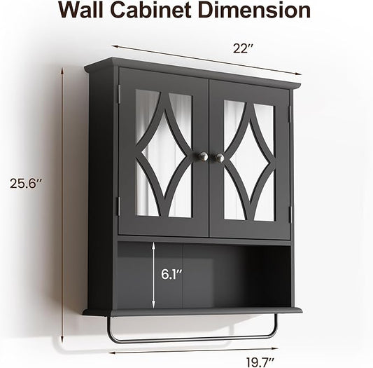 RoyalCraft Bathroom Medicine Cabinet Wall Mounted, Over the Toilet Storage Cabinet with Towel Rack and Adjustable Shelf, Large Bathroom Towel Cabinet Wall Mount 22x25 inch (Black)