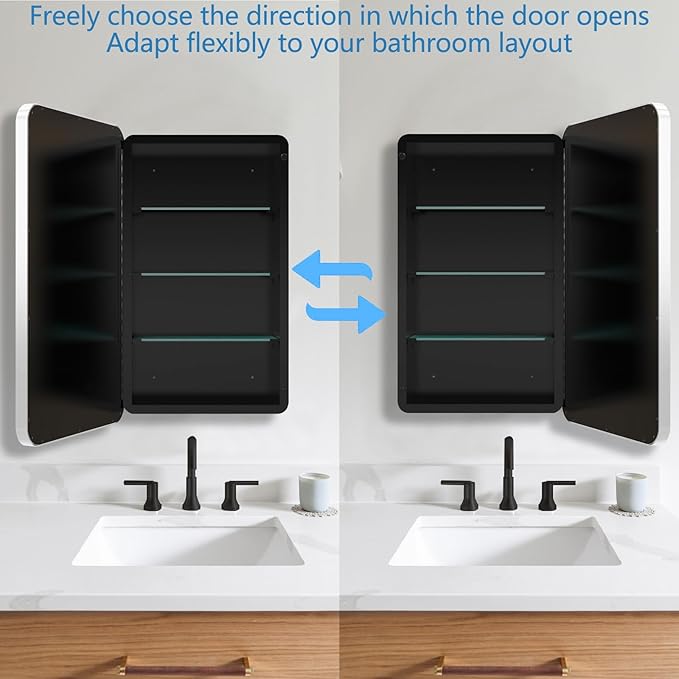 Medicine Cabinet with Framed Mirror, 20 x 26 Inch Silver Round Corners Bathroom Cabinets, Recessed or Surface Wall-Mounted, Double Doors, Removable Glass Shelves for Bathroom Bedroom Kitchen