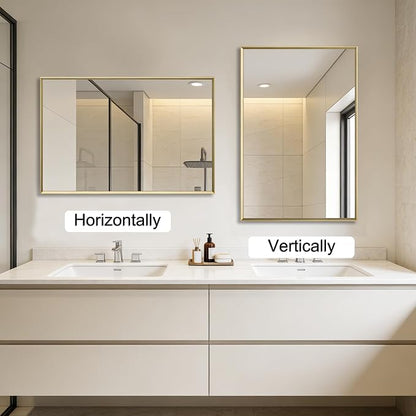 Bathroom Mirror for Wall, 40x30 Inch Framed Vanity Mirror Brushed Gold | Rectanglar Metal Beveled Framed Mirror for Over Sink, Tempered Glass, Anti-Rust, Hangs Horizontally or Vertically