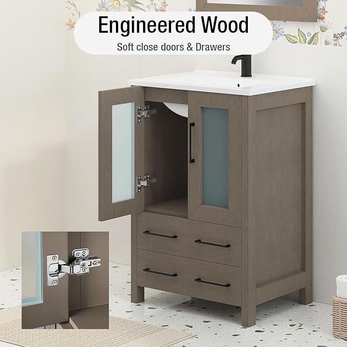 HOMEBEYOND 24 Inch Modern Bathroom Vanity with Sink & Mirror, Single Vanity Cabinet with Basin and Mirror, Dove-Tailed Drawers, Soft-Closing Doors, Wood, Driftwood Gray