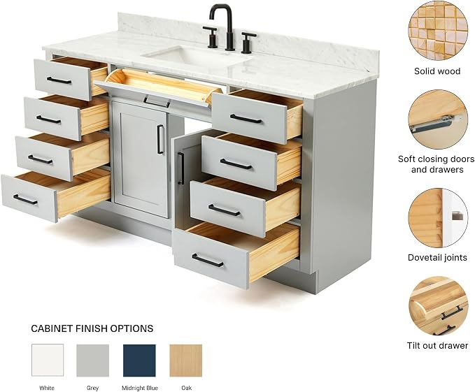 ARIEL Hepburn 60-inch Bathroom Vanity with Sink,Solid Wood, 0.75-inch Italian Carrara Marble Countertop, Single Rectangular Porcelain Sink, 2 Soft Closing Doors, 9 Dovetail Drawers, Grey