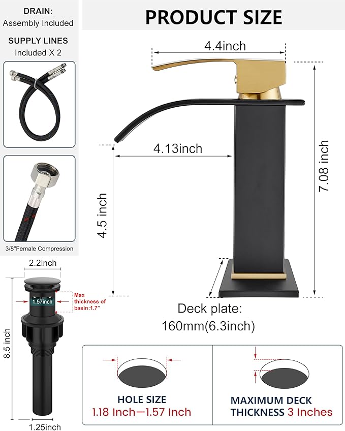 Midanya Bathroom Faucet with Waterfall Spout, Single Hole or 3-Hole Deck Mount, 304 Stainless Steel Sink Faucet with Pop-Up Drain, RV Vanity Compatible,Brushed Gold Handle/Matte Black