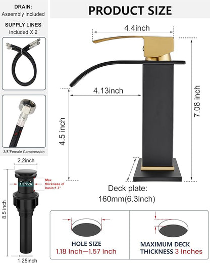 Midanya Bathroom Faucet with Waterfall Spout, Single Hole or 3-Hole Deck Mount, 304 Stainless Steel Sink Faucet with Pop-Up Drain, RV Vanity Compatible,Brushed Gold Handle/Matte Black