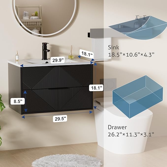 LUCKWIND 30" Floating Bathroom Vanity with Sink Combo, Wall Mounted Floating Cabinet with 2 Large Soft-Close Drawers & Water Saving Faucet, Geometric Textured Design in Black