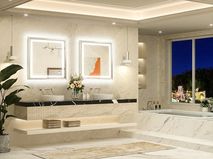Led Bathroom Mirror 30 x 30 with Brushed Nickel Frame Anti-Fog Frontlit & Backlit Vanity Mirror Stepless Dimmable Mirrors for Bathroom Wall 3 Colors White/Warm/Natural Wall-Mounted
