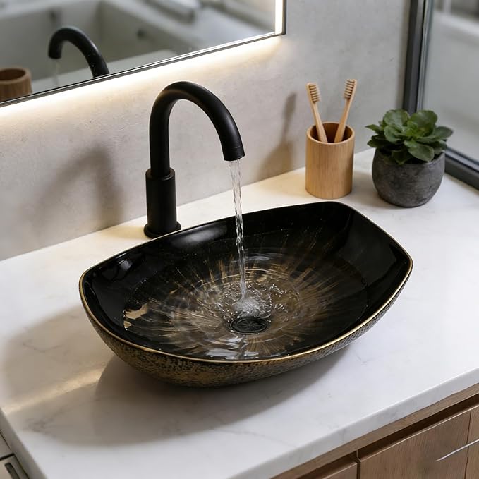 Vessel Sink 22"X16" Round Bathroom Sinks Above Counter, Countertop Bathroom Vessel Sinks, Black Modern Ceramic Vanity Sink