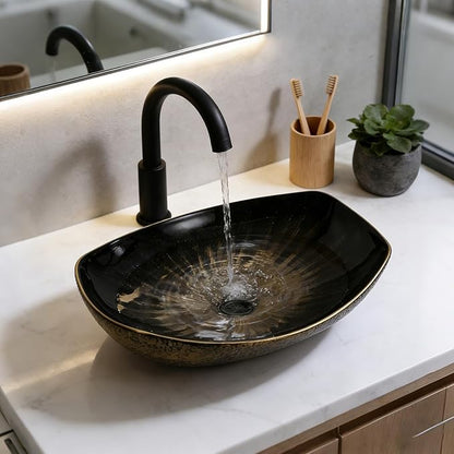 Vessel Sink 22"X16" Round Bathroom Sinks Above Counter, Countertop Bathroom Vessel Sinks, Black Modern Ceramic Vanity Sink